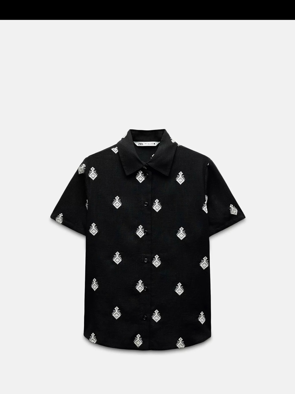 Zara Black Short-Sleeve Button-Down Shirt with White Embroidered Motifs